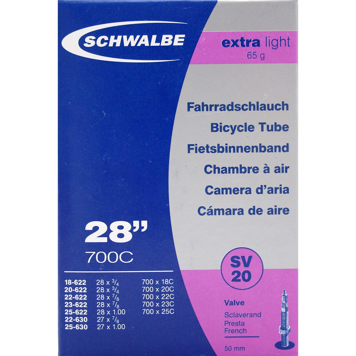 Schwalbe Vnitřní trubice SV20 50mm 28 palců 18 25-622 630 Extra Light 81gr