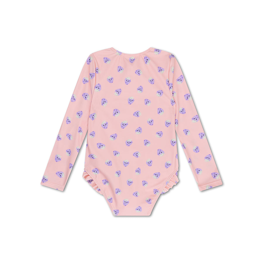 Blackberry | Beige lila Mädchen UV Badeanzug mit langen Ärmeln
