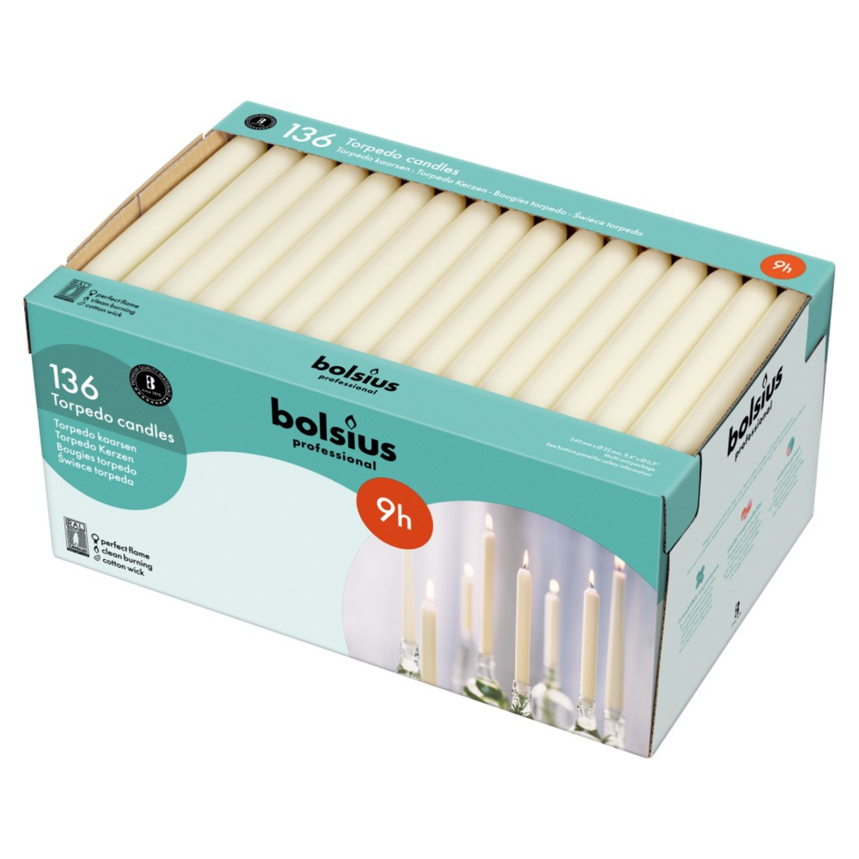 Bolsius professional torpedokaarsen ivoor 240 22 mm 9h (136 stuks)