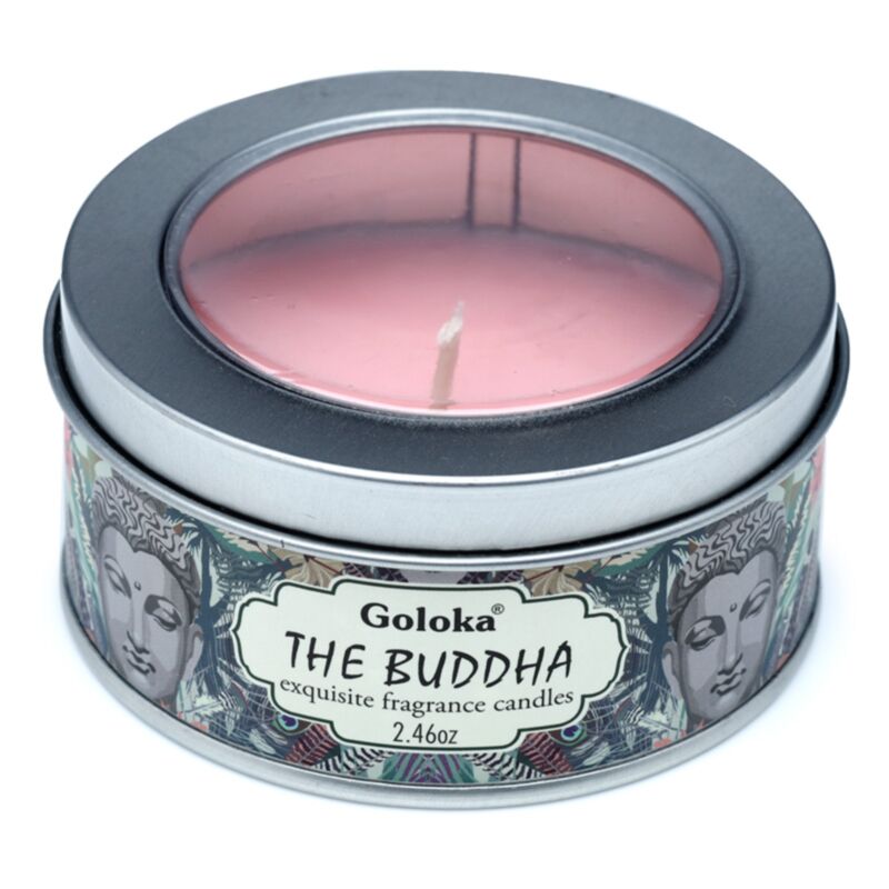 Goloka buddha paraffin wax scented candle in a tin