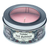 Goloka buddha paraffin wax scented candle in a tin