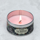 Goloka buddha paraffin wax scented candle in a tin