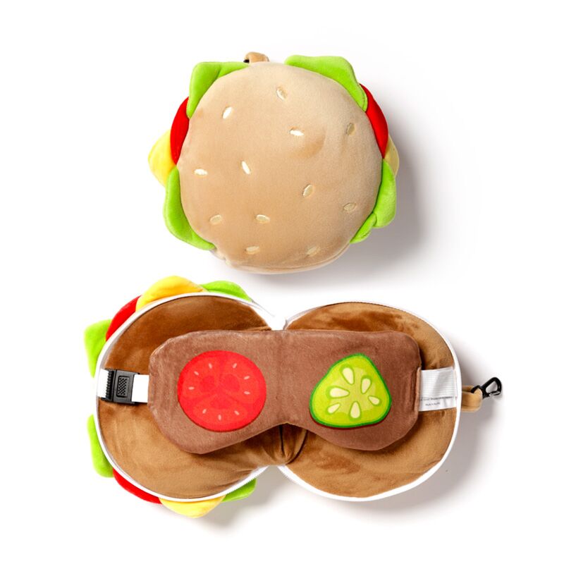 Relaxeazzz hamburger rond pluche reiskussen slaapmasker