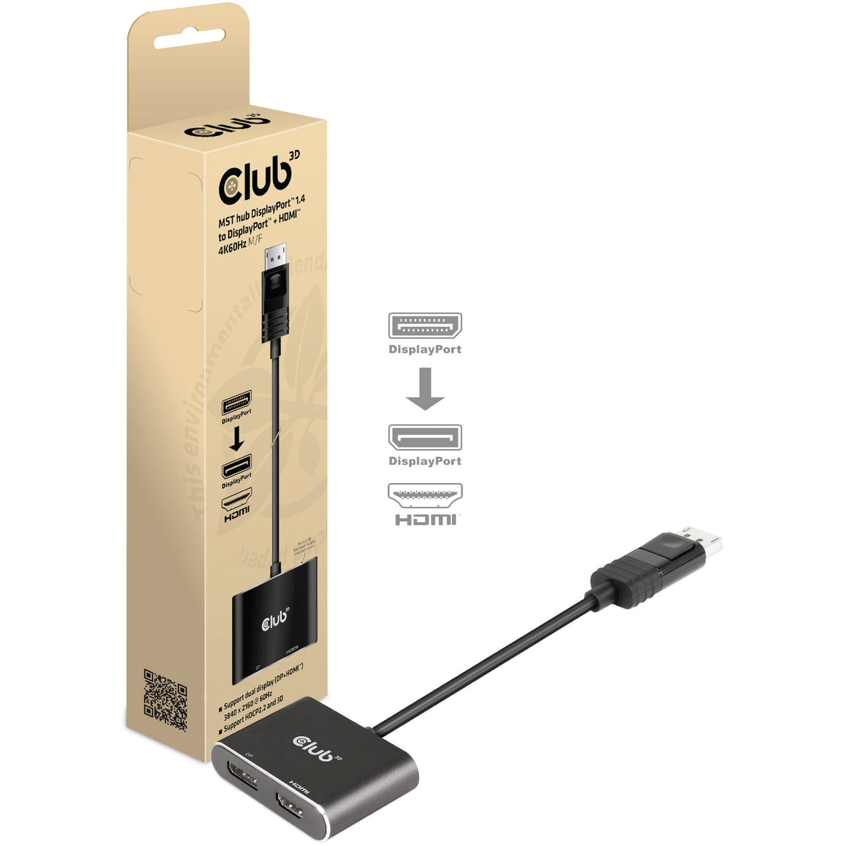 Club 3D MST Hub DisplayPort 1.4 till DisplayPort + HDMI 4K60
