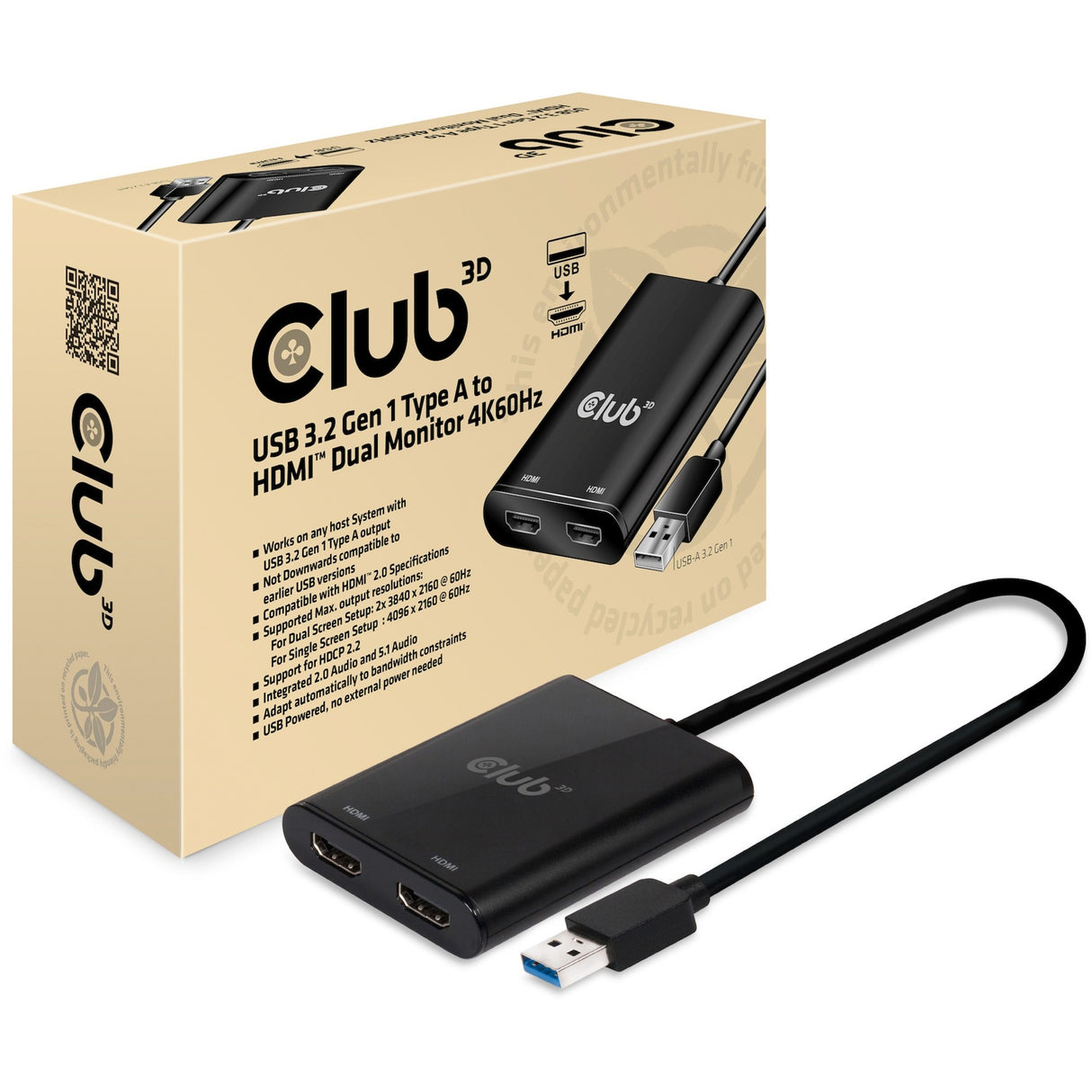 Club 3D USB 3.2 Gen1 Type A to HDMI Dual Monitor 4K 60HZ