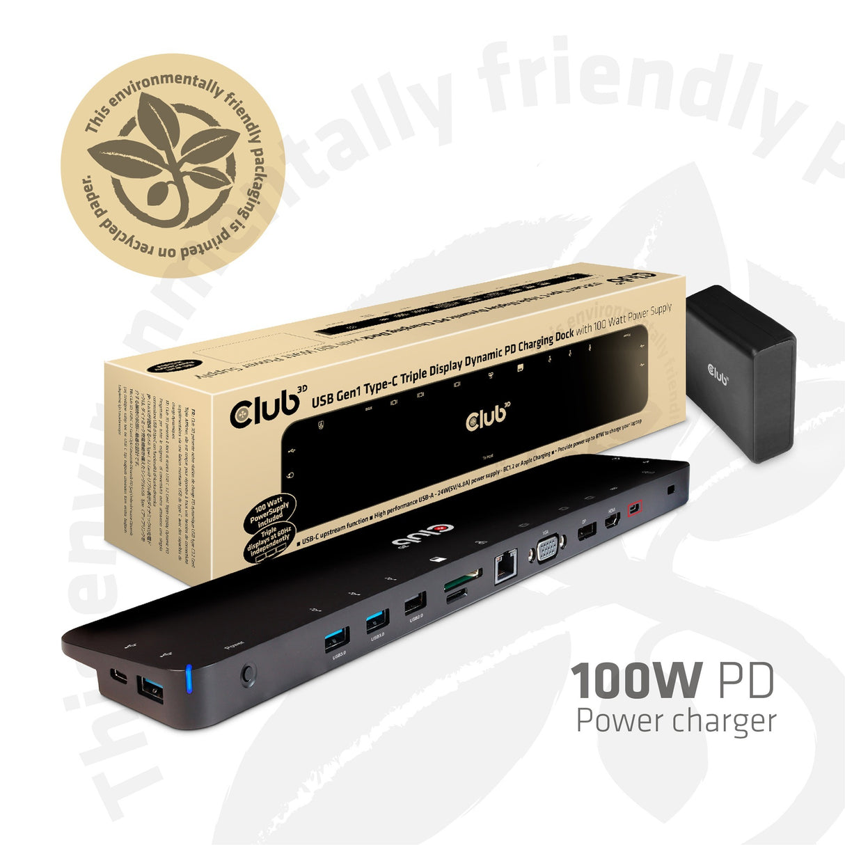 Club 3D USB-C 3.2 Gen1 Triple Display Dynamic PD-laddning