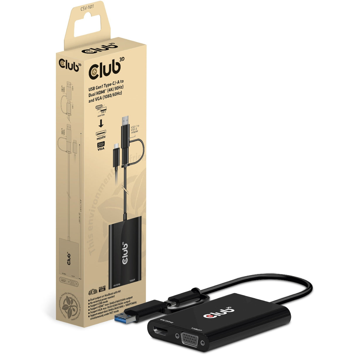 Club 3D USB Gen1 typ -C -A do podwójnego HDMI (4K 30Hz) VGA (1