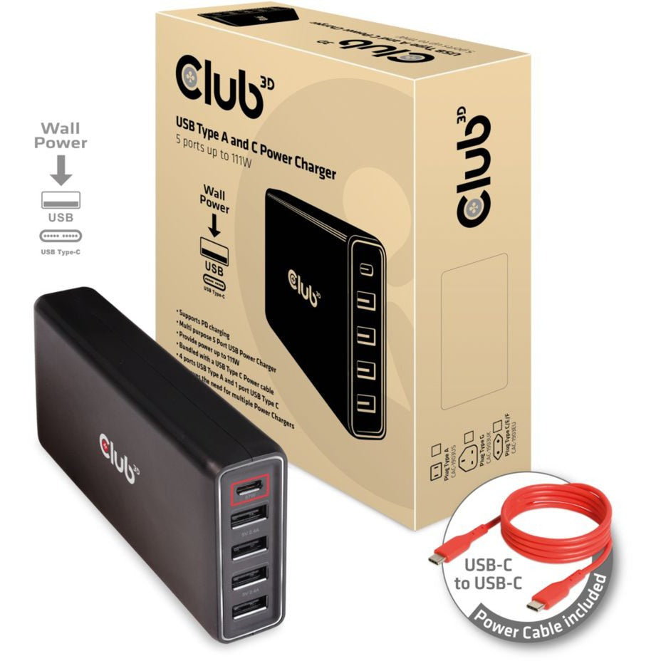 Club 3D USB Typ A a C Ladus, 5 Ports bis 111W
