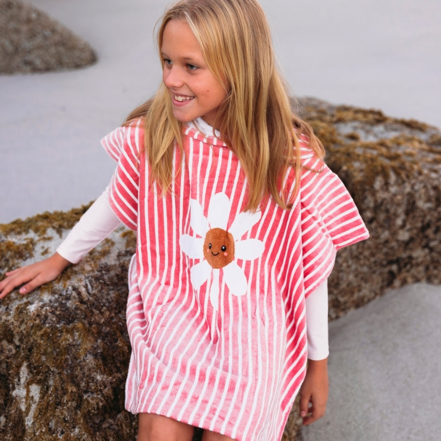 Daisy flower | red and white cotton beach poncho 65 x 65 cm