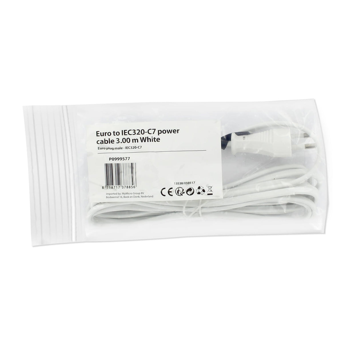 HUISMERK EURO na IEC320 -C7 napájecí kabel 3 metry - bílý
