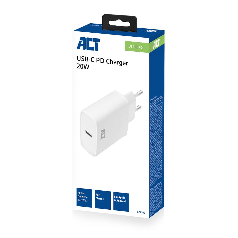 ACT USB-C charger, 1-port, 20W, Power Delivery, White