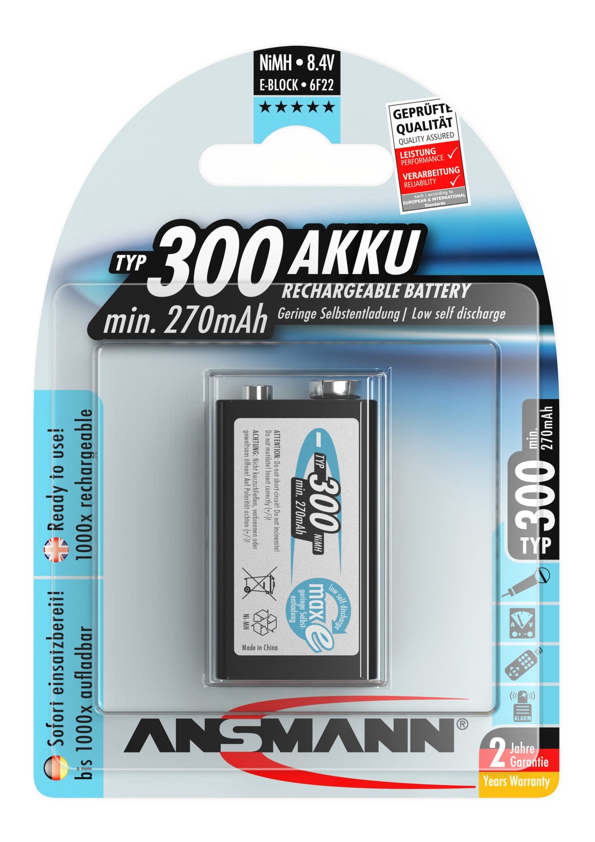 Ansmann nimh baterija 9 volt e blok tipa 300 maxe 1er pretisni omot