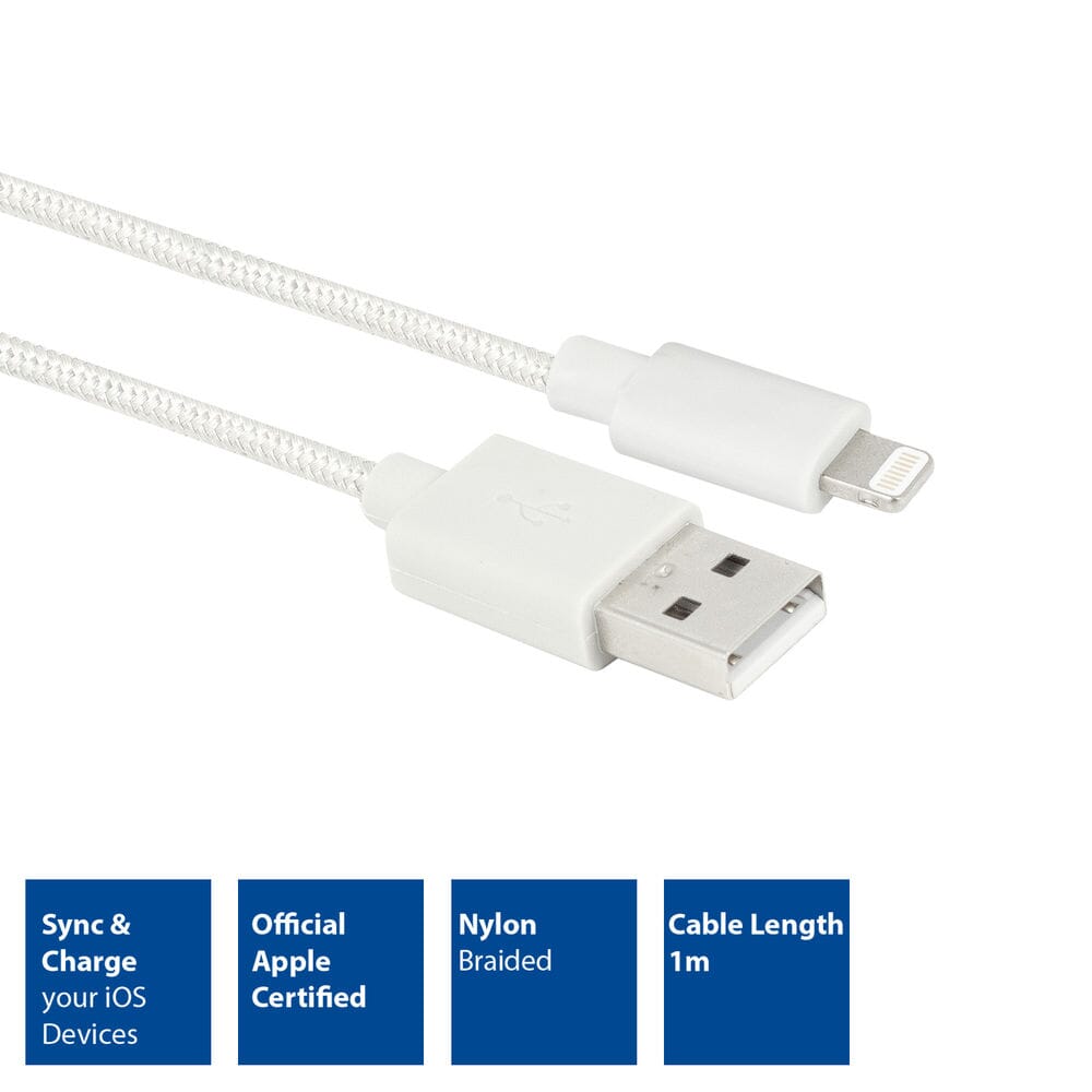 Handle USB A til lynbelastning og datakabel 1m nylon - Hvid