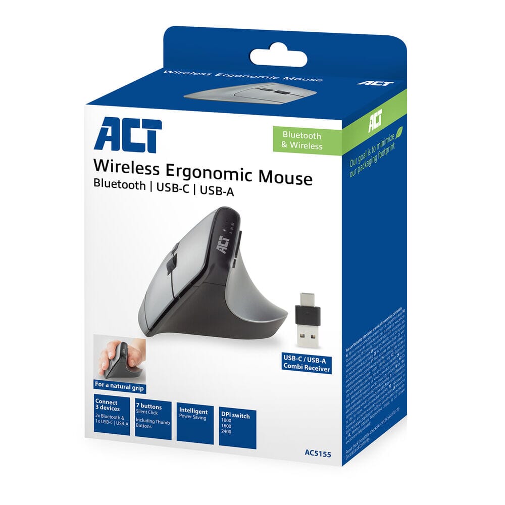 ACT Conectividade Mouse ergonômico sem fio com Bluetooth e USB-C