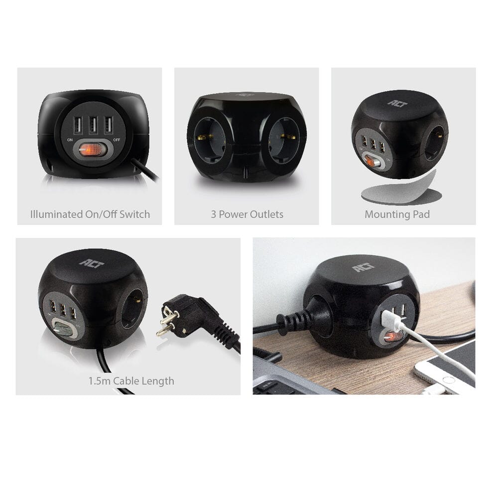 ACT Square Socket (PDU) mit 3 Sockets Typ F 1,5 m