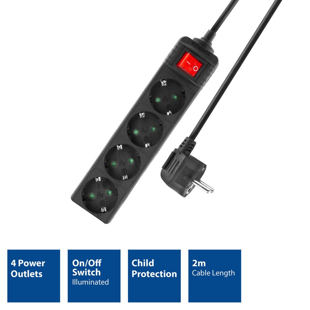 Act socket with switch, 4 sockets, 2 m, black