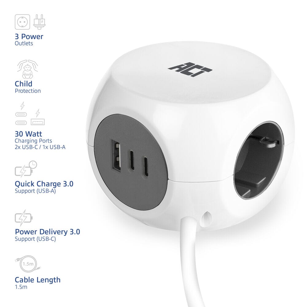 AKT CUBE STREP CUBE se 3 zásuvkami (typ F), 30W PD