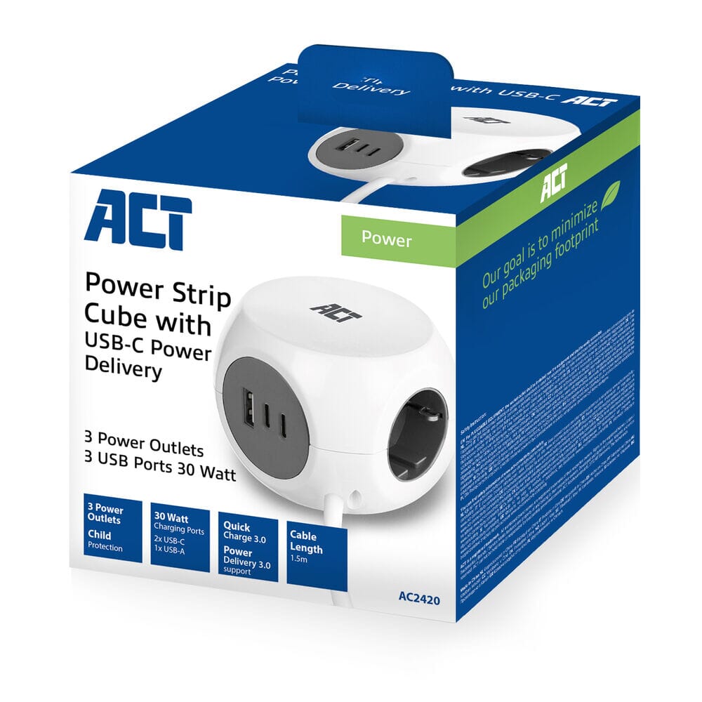 AKT CUBE STREP CUBE se 3 zásuvkami (typ F), 30W PD