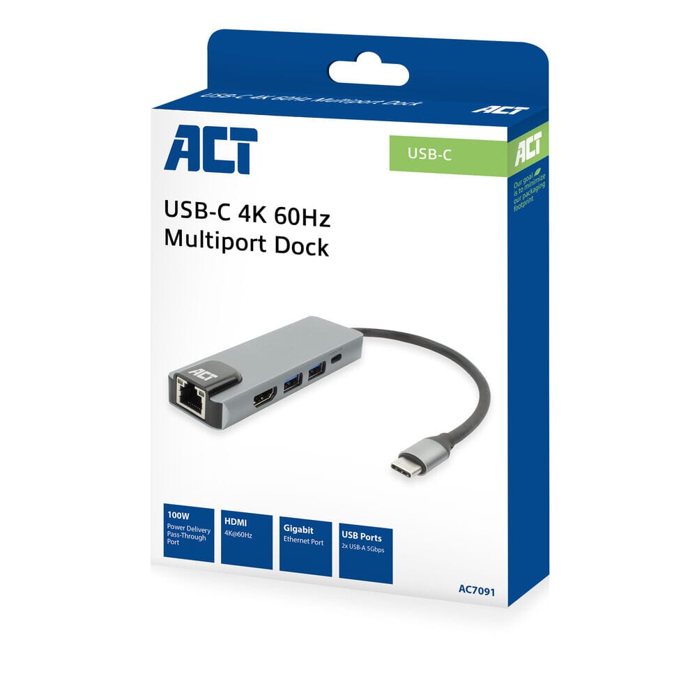 Station d'accueil Act USB-C 4K pour moniteur HDMI, Ethernet PD