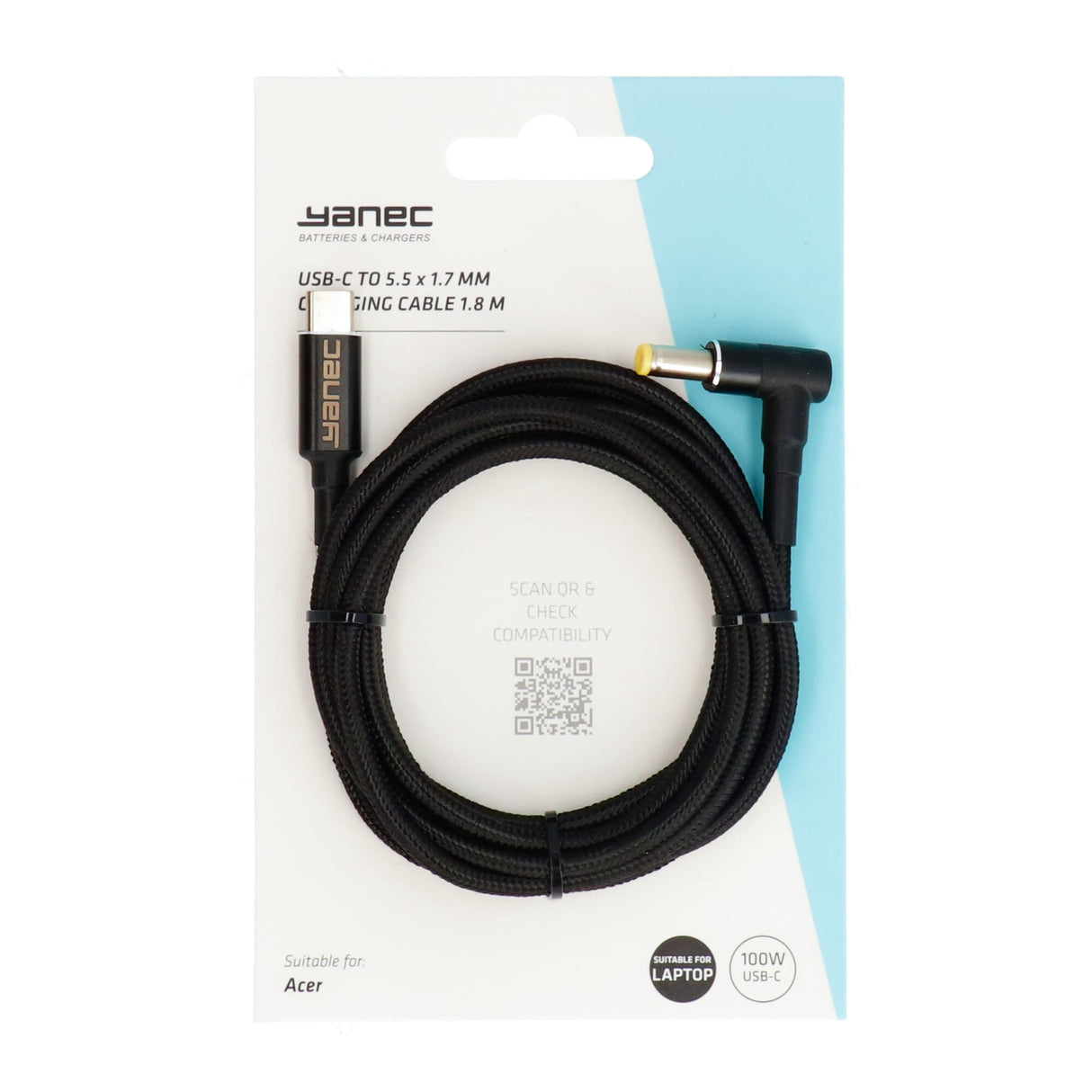 Yanec USB-C - 5,5 x 1,7 mm latauskaapeli 1,8 m