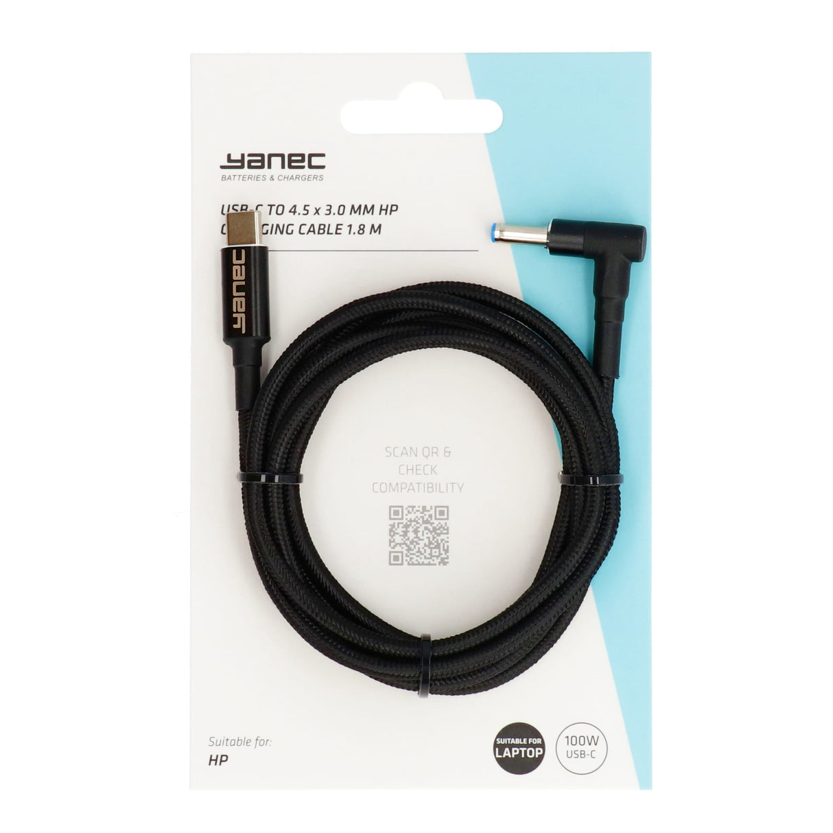 Yanec USB-C til 4,5 x 3,0 mm HP ladekabel 1,8m