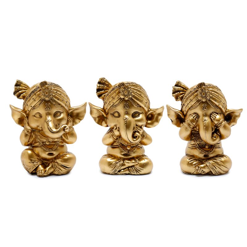 Sæt 3 Golden Ganesh hør tale ingen skade