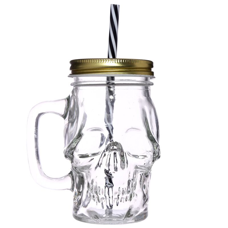 Skull -shaped mason jar glass drinking cup with straw and cover