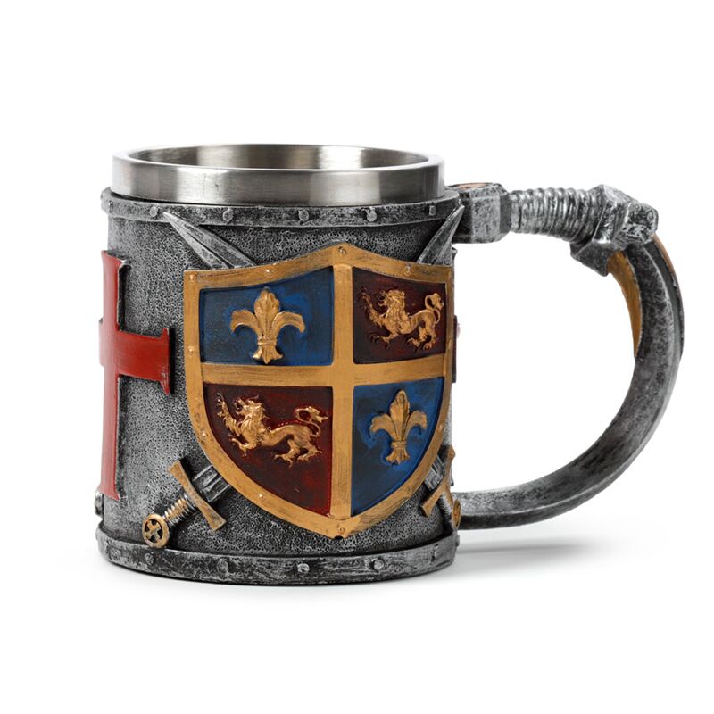 Decorative medieval knight coat of arms silver and gold colored beer mug