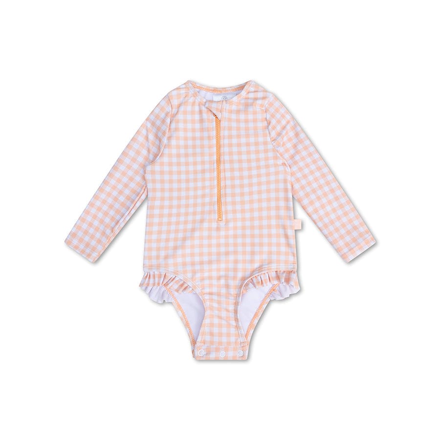 Sunset Grid | Orange White Girls UV bathing suit with long sleeves