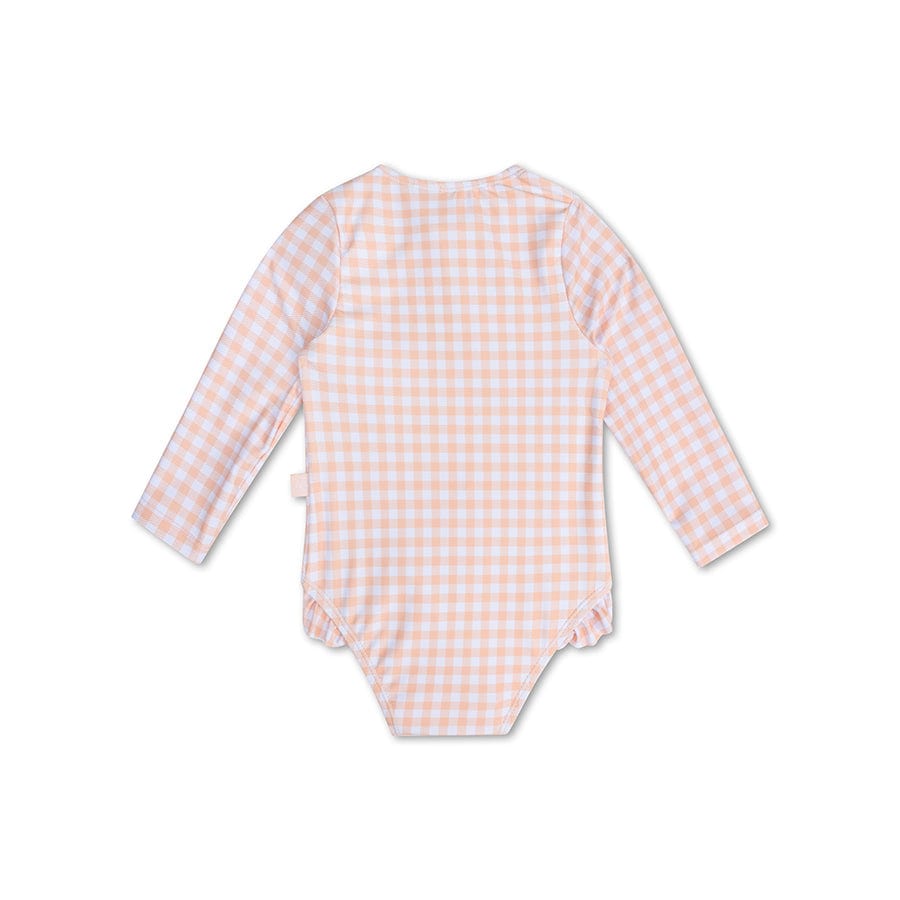 Sunset Grid | Orange White Girls UV bathing suit with long sleeves