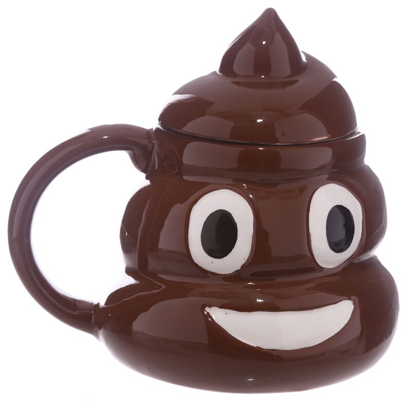 Emotive turd shaped ceramic mug with lid