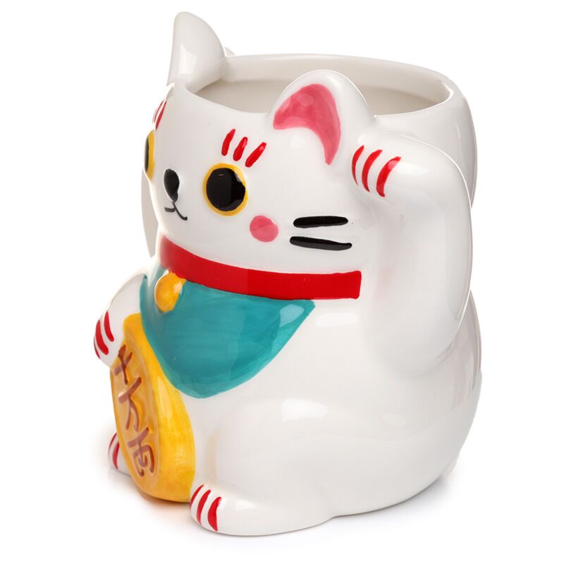 White maneki neko lucky cat shaped ceramic mug