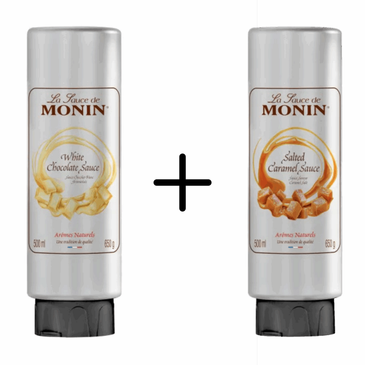 Monin topping witte chocolade + topping salted caramel