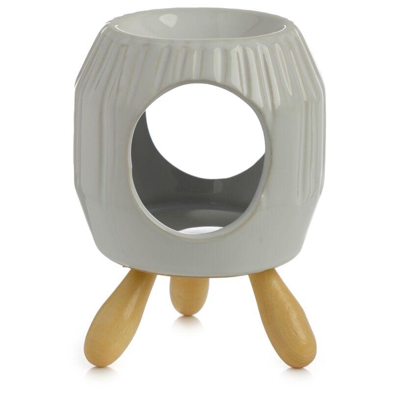 White abstract ribbed ceramic scent burner with foot
