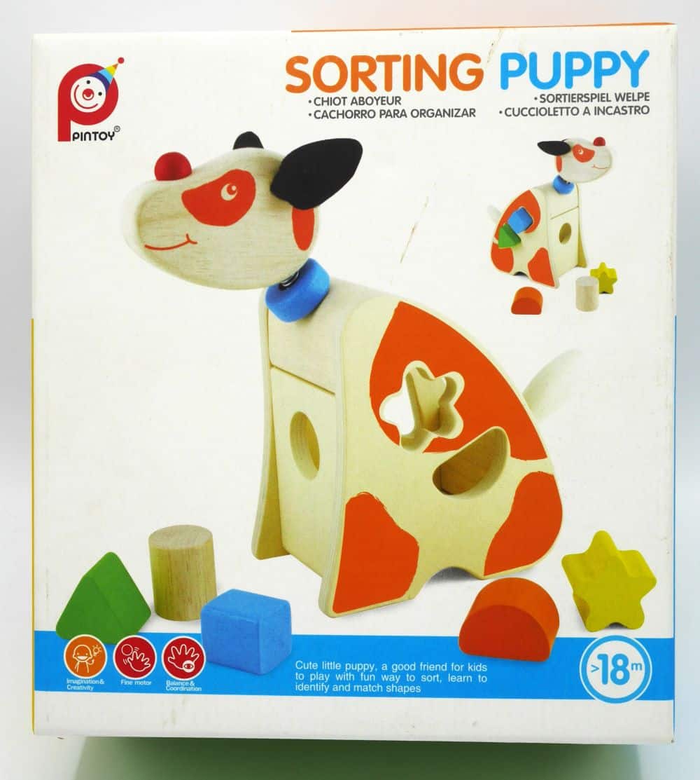 Wooden shape sorter puppy with 5 different blocks.