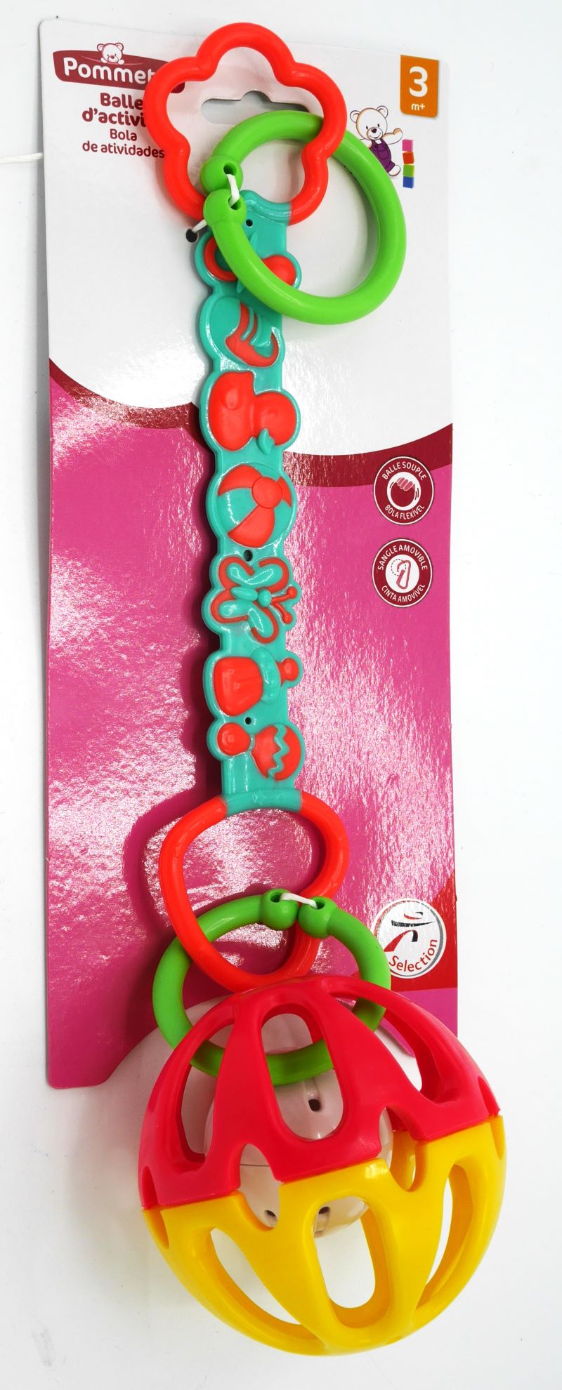 Baby rammelaar bal aan koord kun je overal aan vast maken.