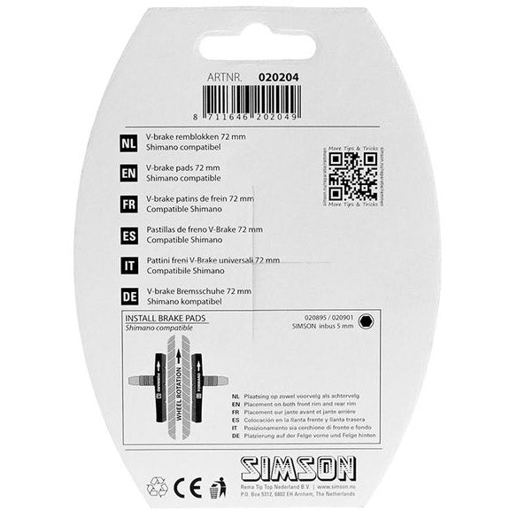 Pastilhas de freio V-Brake 72 x 12,5 mm preto 2 peças