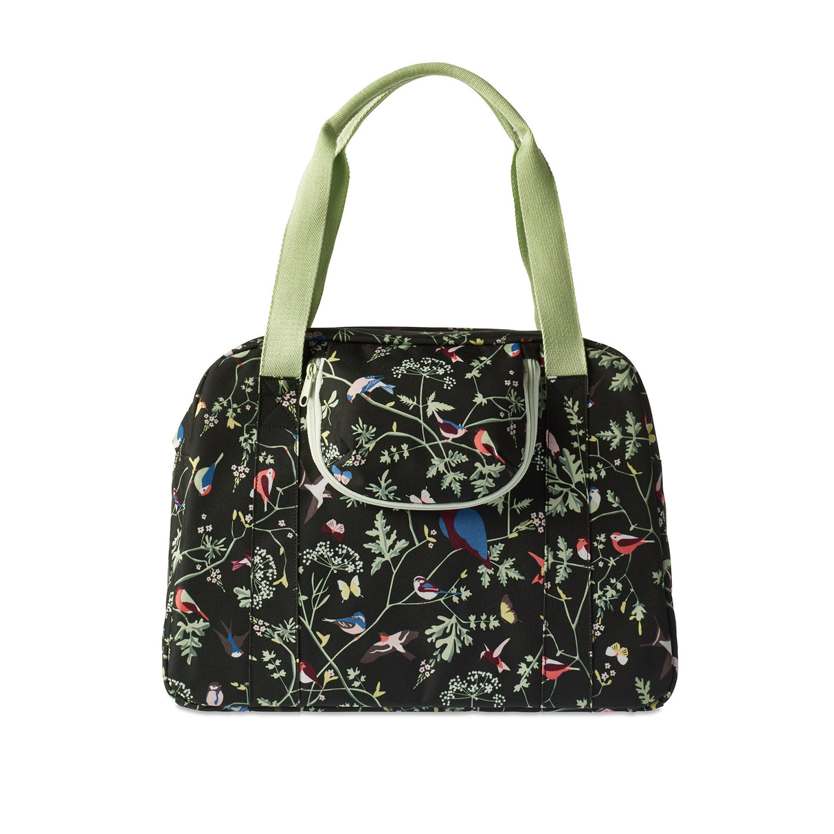 Basil Wanderlust Carry All Bag - Black bicycle handbag with colorful bird print