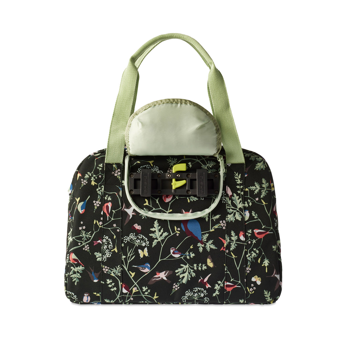 Basil Wanderlust Carry All Bag - Black bicycle handbag with colorful bird print