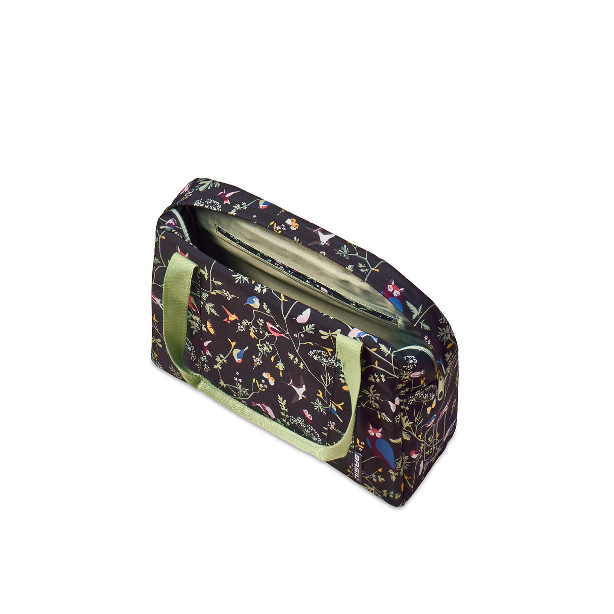 Basil Wanderlust Carry All Bag - Black bicycle handbag with colorful bird print