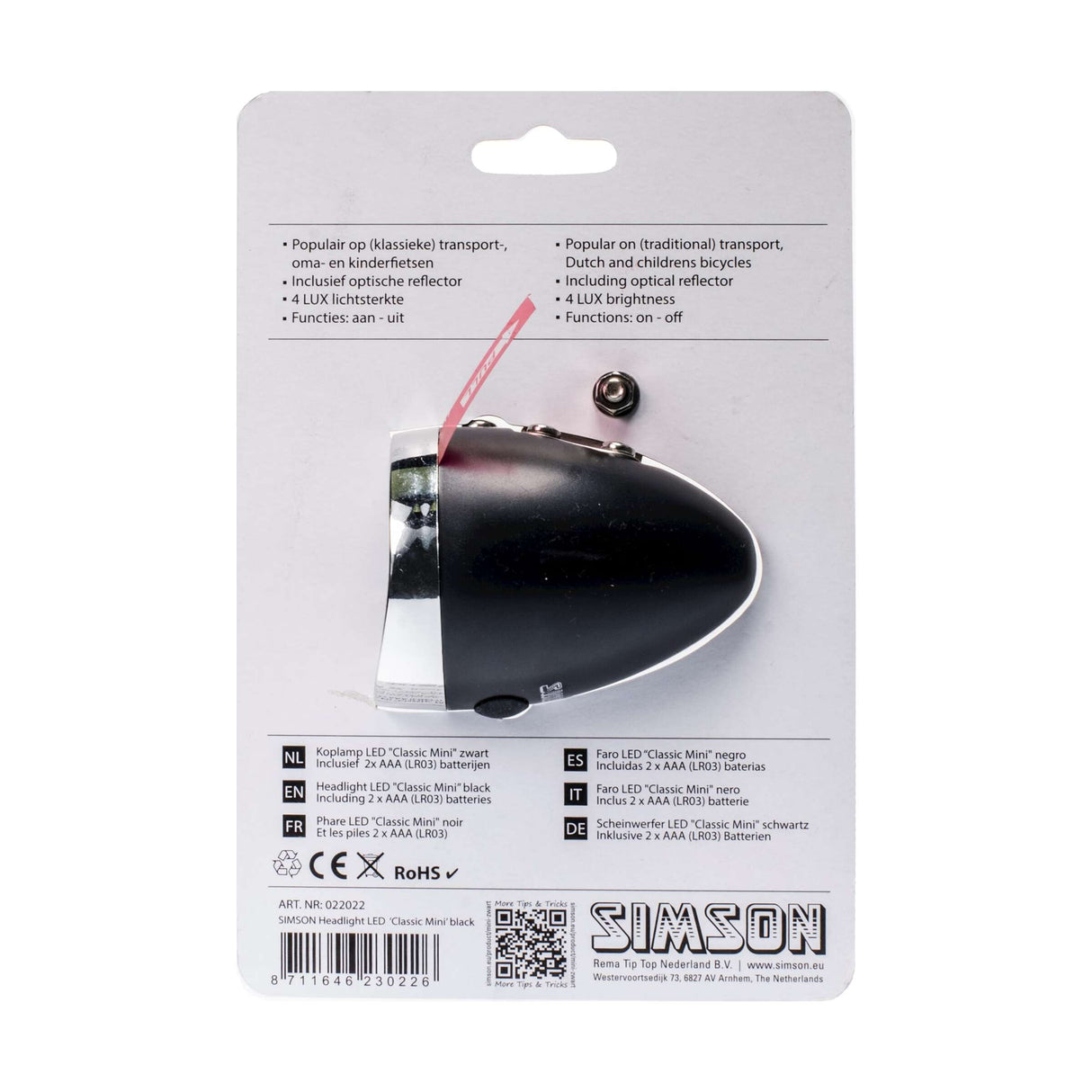 Simson Classic Mini black front fork headlamp incl. battery on card