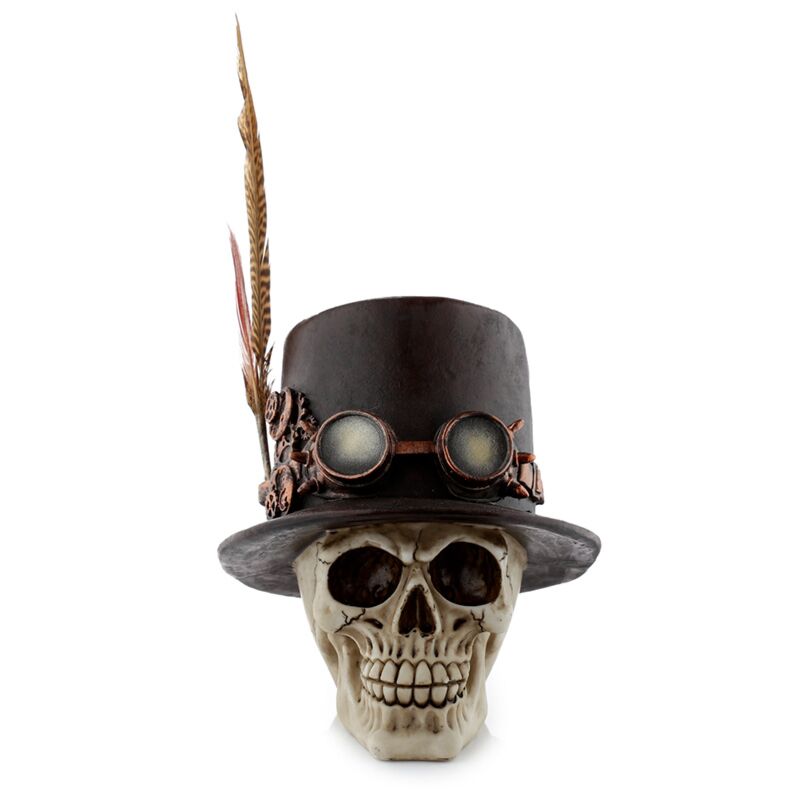 Steam punk style skull with top hat feathers home accessory