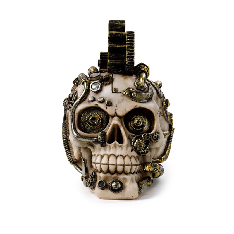 Steampunk style skull with gears and feathers home accessory