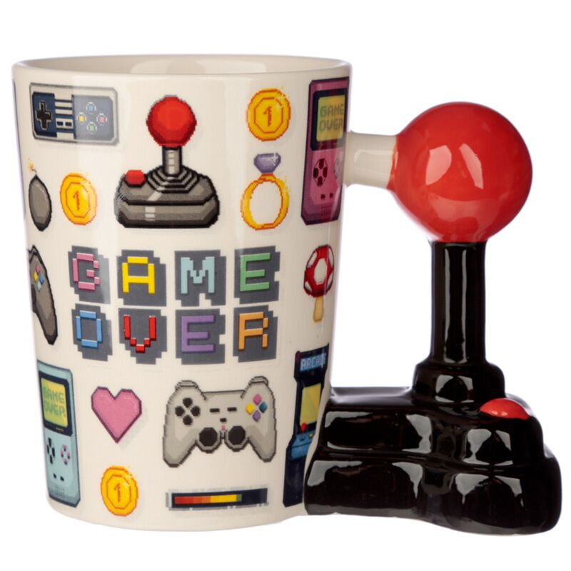 Tazza in ceramica con manico a forma di pixel Game over joystick