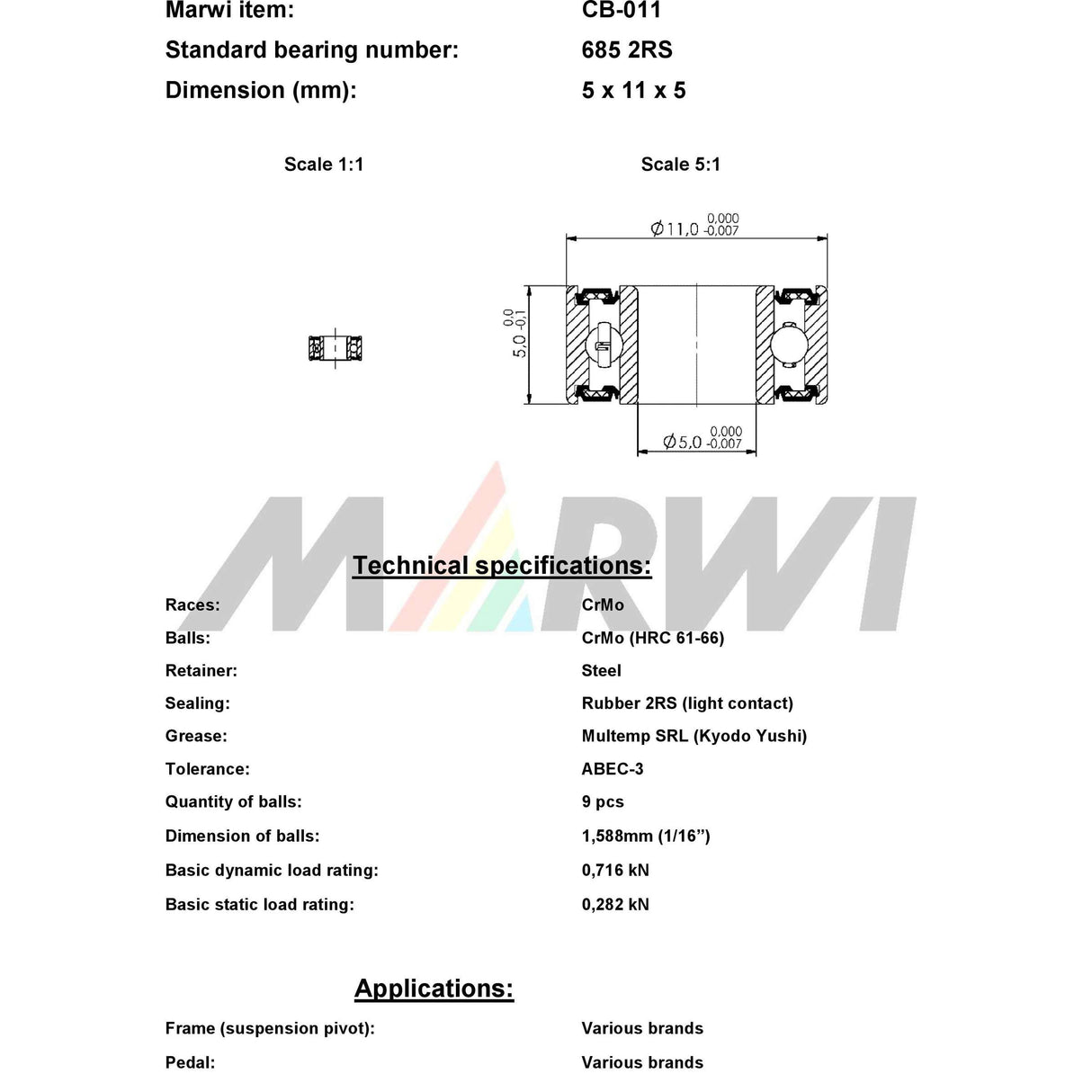 Marwi Union Kogellager CB-011 685 2RS 5X11X5