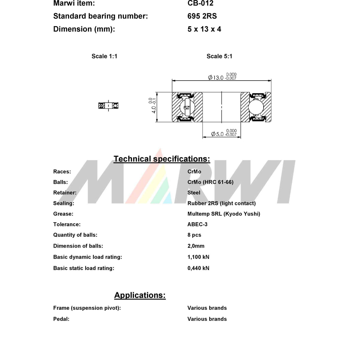 Ball liathróid Marwi Bearing Ball Bearing Union Union CB-012 5x13x4