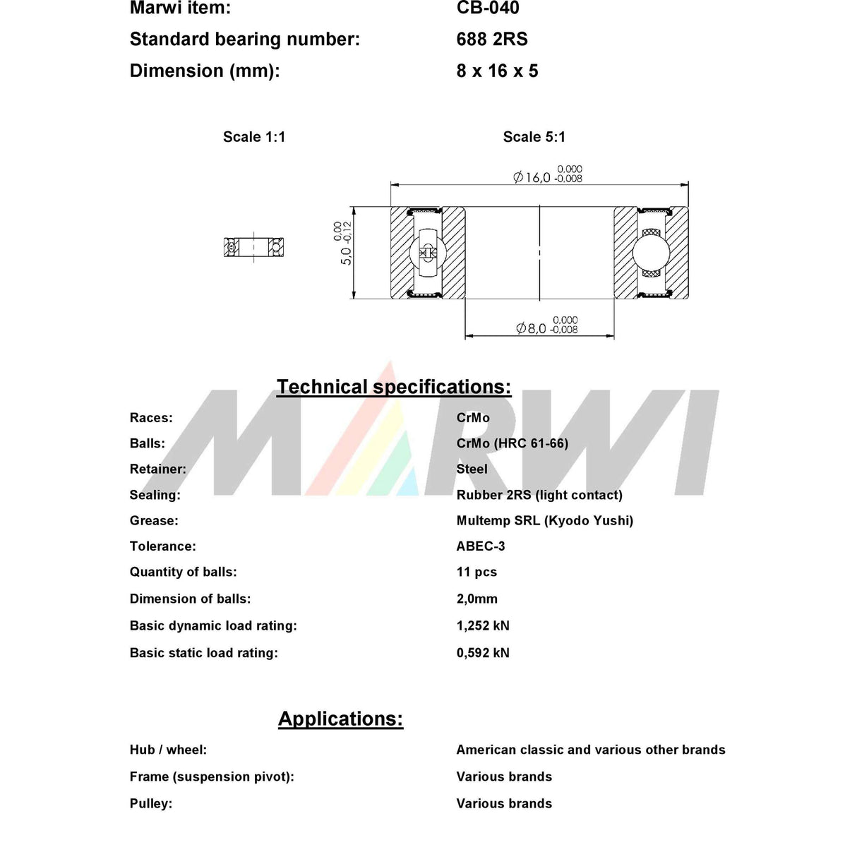 Ball liathróid Marwi Bearing Ball Bearing Union CB-040 8x16x5