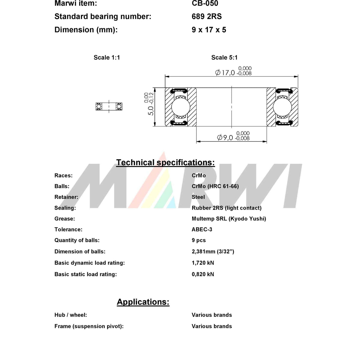 Ball liathróid Marwi Bearing Ball Bearing Union Union CB-050 9x17x5
