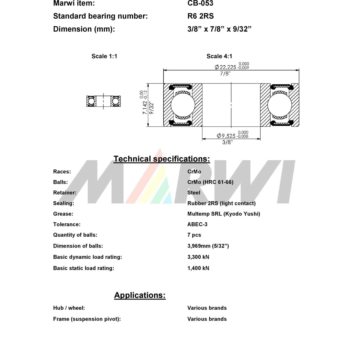 Ball liathróid Marwi Bearing Ball Bearing Union Union CB-053 3 8 x7 8 x9 32