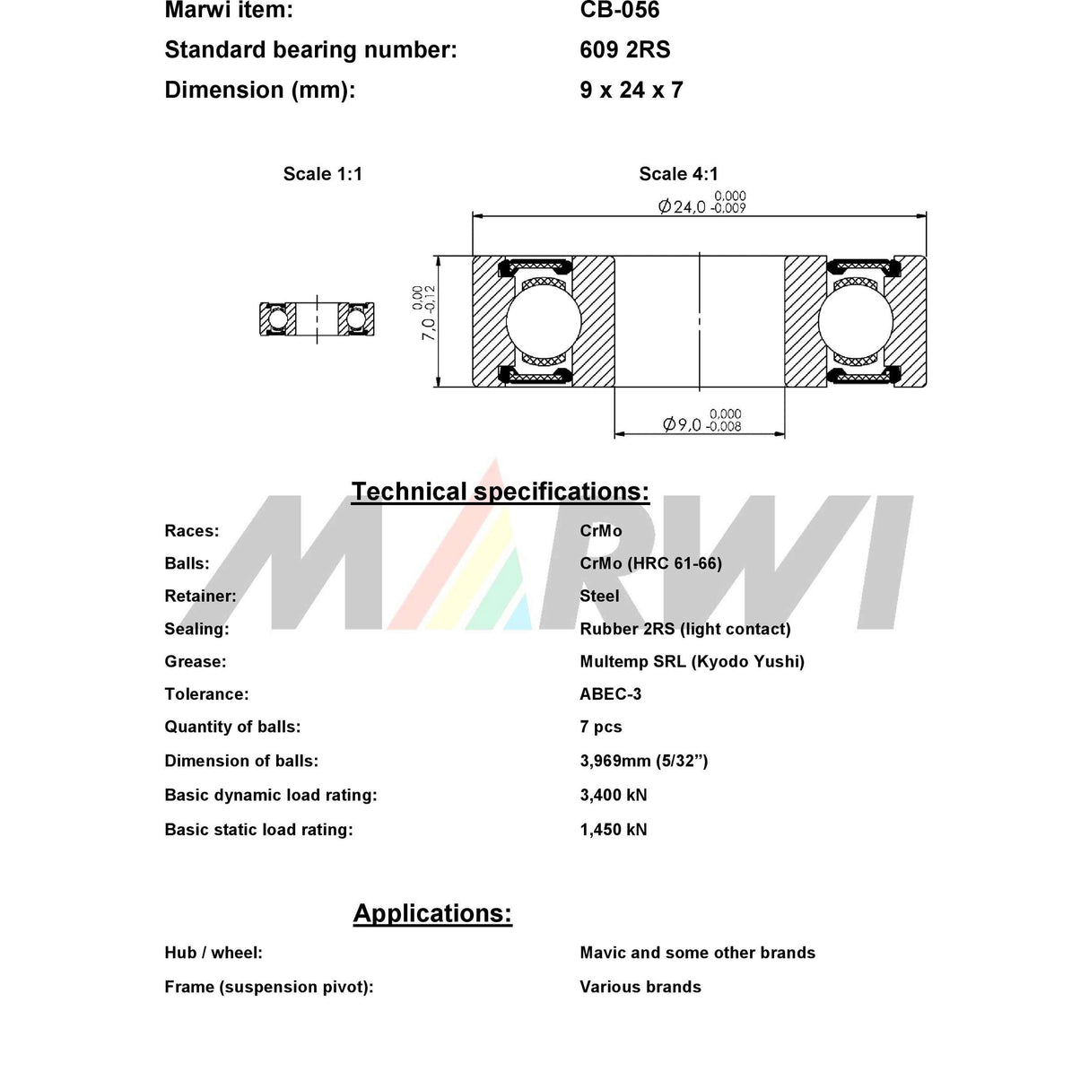 Marwi Union Kogellager CB-056 609 2RS 9X24X7